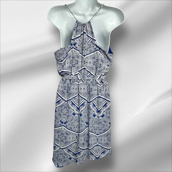 Blue & White Printed Sleeveless Dress By Aqua Size L - Picture 2 of 3